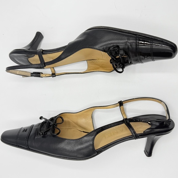 Vintage Chanel Patent Lambskin Black Leather CC Logo Ankle Buckle Slingback Heel - Picture 6 of 11